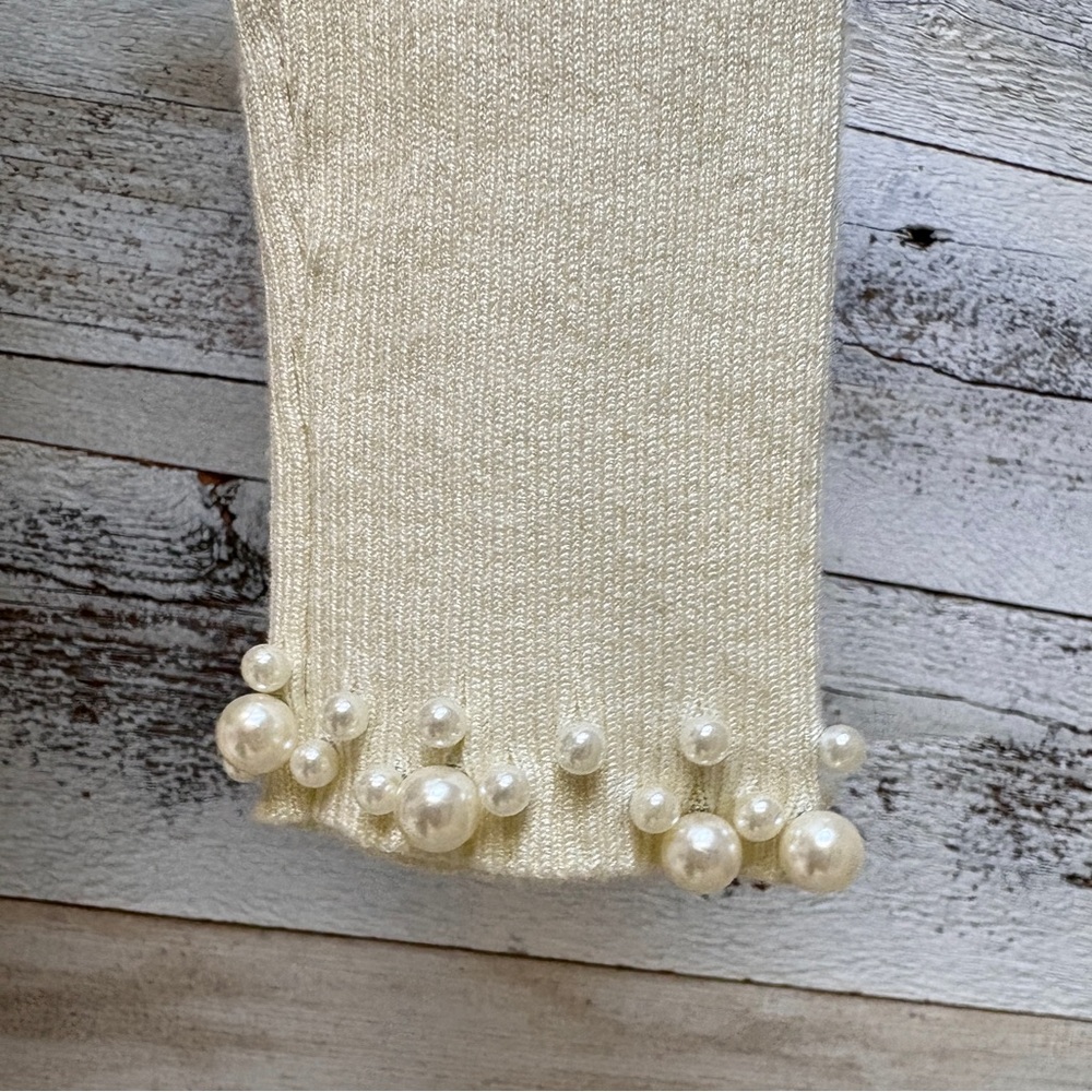 Ivory Mock Neck Sweater Size L Pearl Collar Cuffs Formal Holiday Cocktail Ribbed - Picture 9 of 12